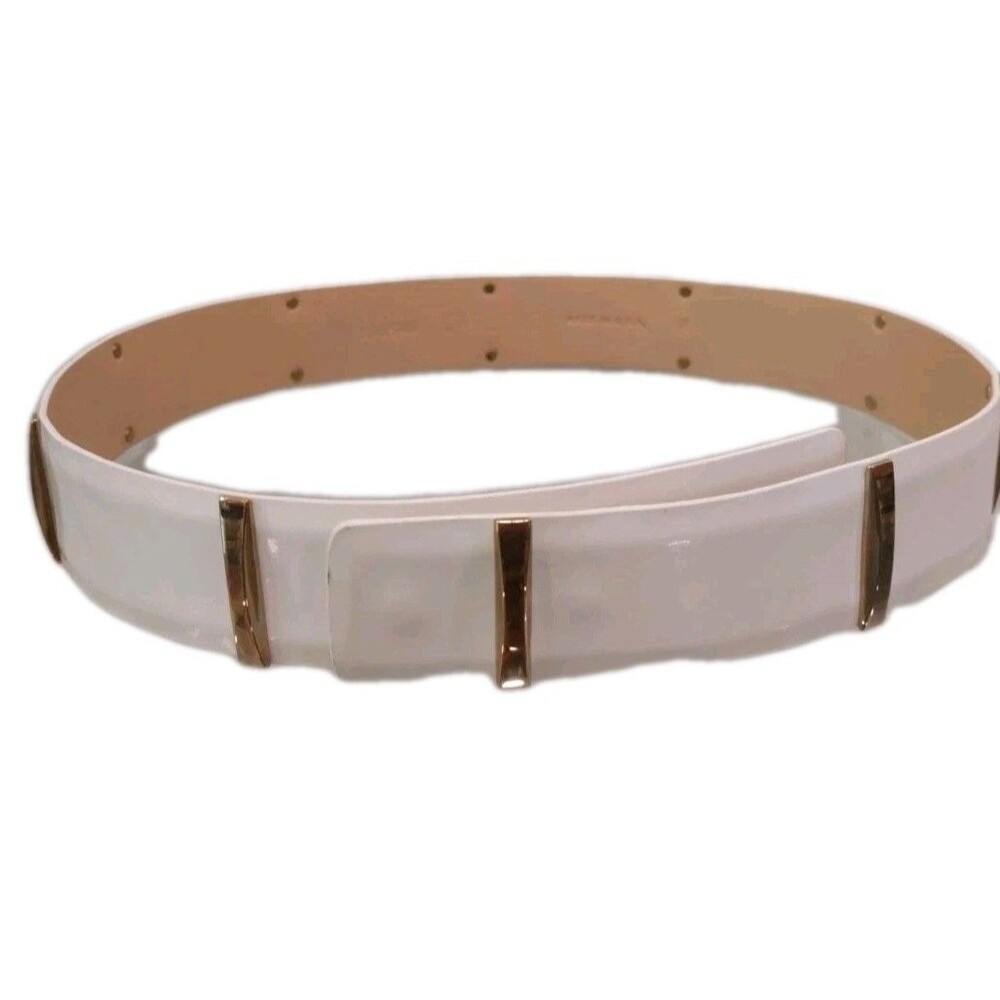 Vintage Carlisle Wide White With Gold Tone Metal Details Buckleless Belt 37-40